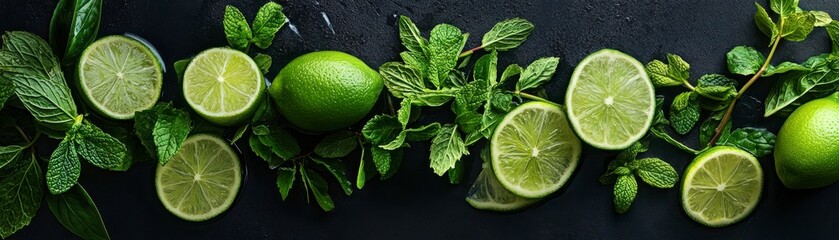Limes And Mint Sprigs On Dark Backgrounds and Textures.Fruit and Sprigs of Green Herbs.Fresh, Juicy, and Vibrant.Overhead View.A Culinary Arrangement.Still Life Photography.A Summer Drink's