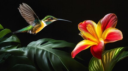 Exotic Tropical Flower and Hummingbird on Black Background - Stunning Floral Wildlife Photography for Graphic Design Projects
