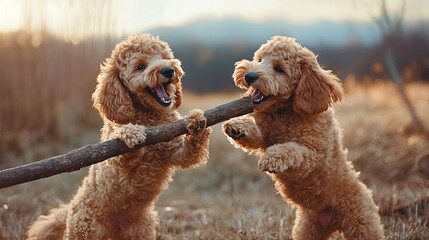 Energetic Goldendoodles Enjoying Playtime with Oversized Stick in Grassy Field