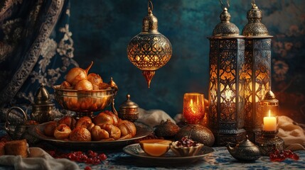 Obraz premium Golden food display, ornate lanterns, rich d?cor