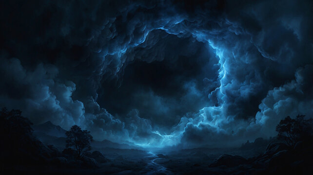 A dramatic circular opening in a dark stormy sky, illuminated by an eerie blue glow. The swirling clouds create a mysterious and apocalyptic atmosphere