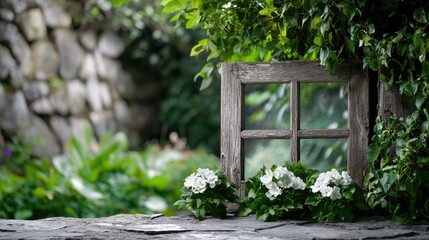 Obraz premium Weathered wooden window frame stands on a stone patio surrounded by white flowers and lush green garden foliage during daytime.