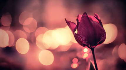 Single dark pink tulip, illuminated, bokeh background, night garden, romantic mood, Valentine's Day card