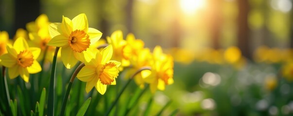 Obraz premium Clusters of daffodils in a vibrant spring garden Sunlight illuminates the cheerful blooms , yellow flowers, growth