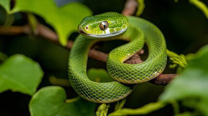 Sleek Vine Snake winding through the treetops its slender green body blending seamlessly with the twisting vines eyes sharp and focused