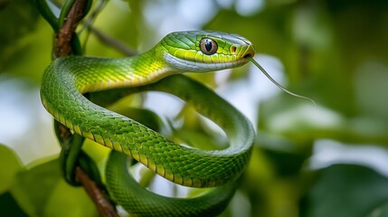 Obraz premium Sleek Vine Snake winding through the treetops its slender green body blending seamlessly with the twisting vines eyes sharp and focused