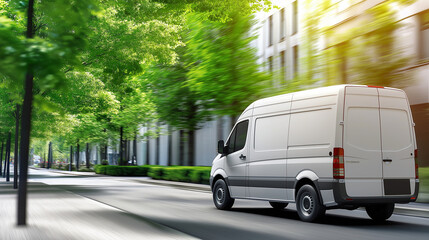 A sleek white van drives past tall green trees along a well-maintained city street, highlighting how modern transportation services are vital to the efficiency of urban cargo shipp