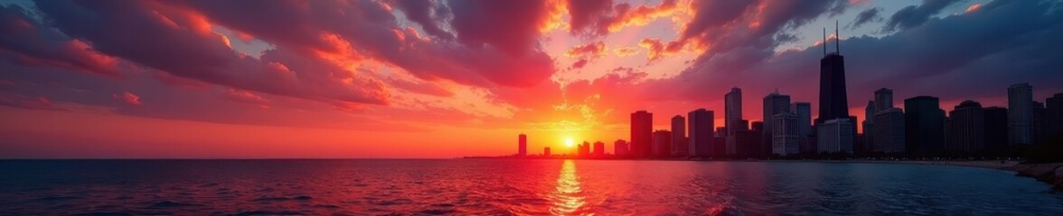 Fototapeta premium Dramatic Chicago sunset, Lake Michigan, Adler silhouette, downtown, Chicago, beautiful