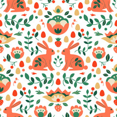 Easter scandi pattern with bunny, flowers and eggs. Hand-drawn vector illustration in flat style.