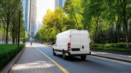 The white delivery van drives on a clean, tree-lined city street, demonstrating its role in enhancing logistics operations through fast and reliable urban transportation.