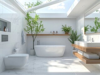 Fototapeta premium Modern, bright bathroom with a bathtub, toilet, and sink on the right side of the picture, and large skylight windows above the ceiling. White marble floor tiles. 