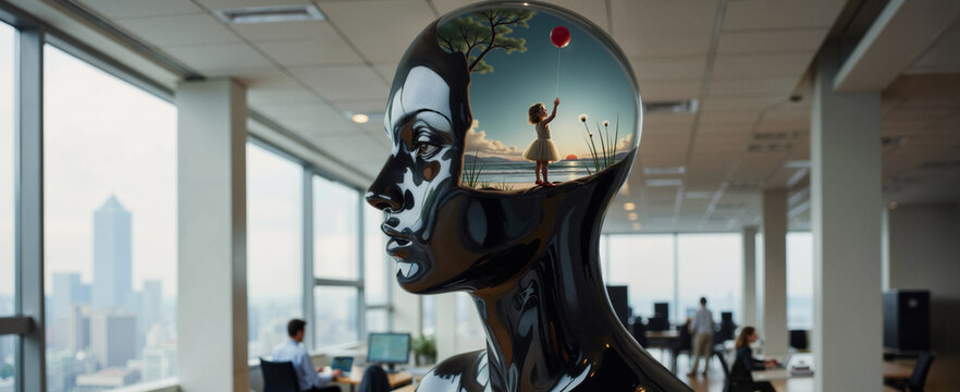 Lonely and sentimental daydreaming about the past, about children, childhood, in the office