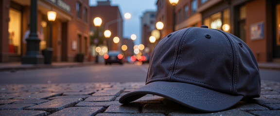Stylish baseball cap mockup resting on urban cobblestone, city vibe