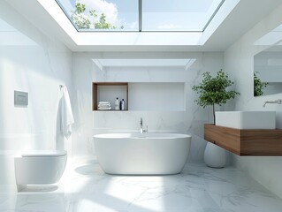 Fototapeta premium Modern, bright bathroom with a bathtub, toilet, and sink on the right side of the picture, and large skylight windows above the ceiling. White marble floor tiles. 