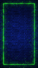 green neon lights frame and sparks on brick wall , game and technology futuristic copy space vertical social media background	