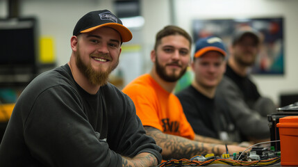 Vocational students in electrician training celebrate their successful electrical wiring project, standing confidently by their workstation with toolboxes and instructional posters