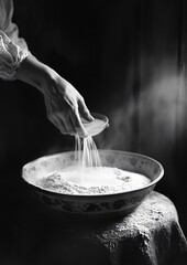 Professional Woman Preparing Dough by Adding Water to Flour in Mixing Bowl for Baking Recipe