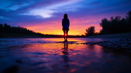 Woman silhouetted at sunset, river reflection, peaceful evening, travel photography