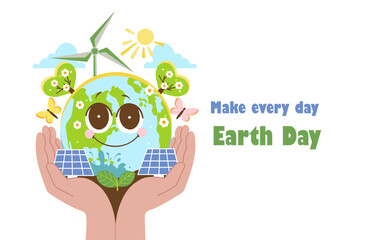 Earth Day. Cartoon planet earth in hands.