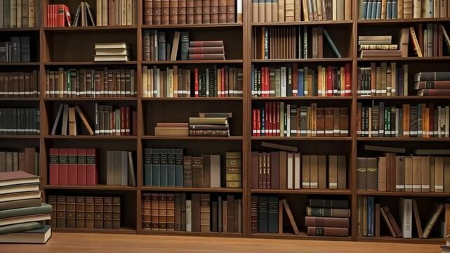Exploring Books on Wooden Shelves in a Library or Study Room Perfect for educational and literary themes on websites, blogs, and educational materials.