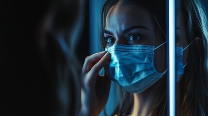 Female Adjusting Mask in Mirror for COVID Protection | Woman Wearing Face Covering
