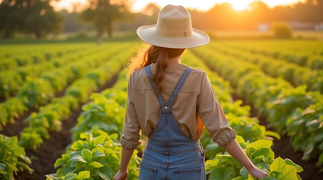 Young farmer woman with hat in a farm field back view
