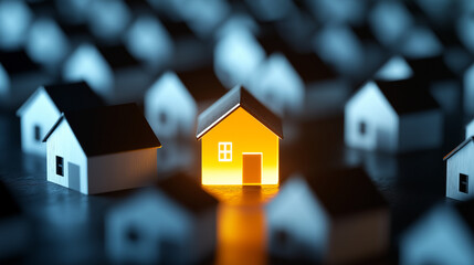 A glowing orange house in the middle of multiple small white homes, symbolizing a newly purchased home or a special property offer in a clean, contemporary digital illustration.