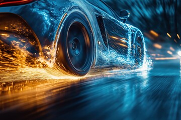 High-speed car acceleration with nitro boost, blue flames igniting raw power