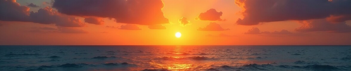 Vibrant orange and yellow sunset over serene ocean, background, sunny