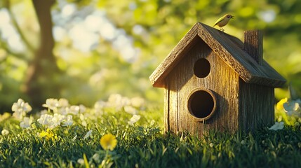 Charming Wooden Bird House on Natural Grass Background for Garden Decor, Eco-friendly Habitat Structure