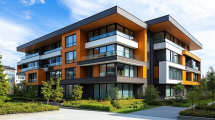 Obraz premium Modern residential building with clean lines and natural landscaping in a sunny urban setting