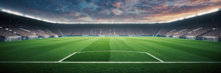 Vibrant Soccer Stadium View with Green Field and Glowing Lights at Dusk