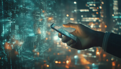 A close-up of a person's hand holding a mobile tablet, displaying an abstract glowing big data hologram against a nighttime cityscape. Futuristic atmosphere, information processing.