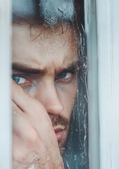 Sad man looking through window expressing depression and anxiety, concept of loneliness and mental health, copy space for text