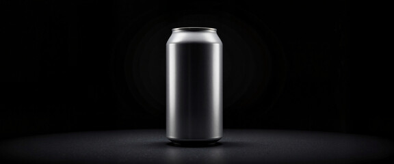 Sleek aluminum beverage can on black background, minimalist design