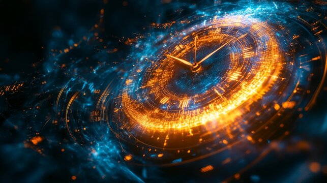 Digital clock design showcasing vibrant orange and blue elements with abstract space and time themes