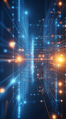 Vivid glowing orange dots and blue lines forming a dynamic abstract pattern, perfect for technology-themed visuals.