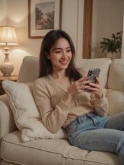 beautiful woman sitting on a cozy couch at home, smiling happily while using her cellphone, enjoying a quiet and relaxing moment.