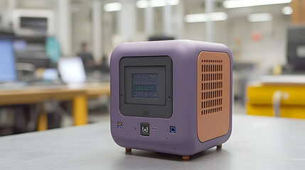 Fototapeta premium Purple cube tech device on table, office background, showcasing its features, for tech blogs and websites