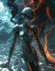 Fototapeta premium humanoid female wearing a cybernetic armour stretches and emerges from a shattered mirror, glass silver mirror ground, glossy metallic suite, Splashes of oily liquid, twisting mass of dark chaos