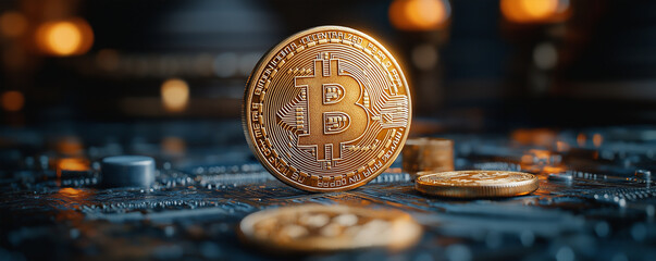 A front view of a Bitcoin coin in a futuristic digital environment, highlighting advanced technology and cryptocurrency themes.