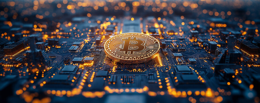 A Bitcoin coin placed against a circuit board in a futuristic digital environment, highlighting advanced technology and cryptocurrency themes.