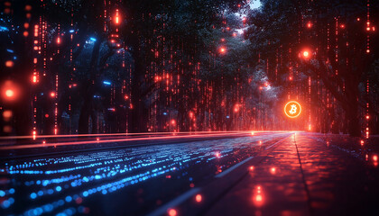 Illuminated Bitcoin symbol floating in a futuristic digital environment, set against a high-tech cyber road background.