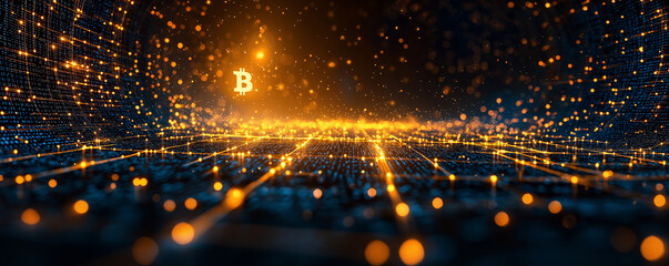 Illuminated Bitcoin symbol floating in a futuristic digital environment, set against a high-tech cyber background.