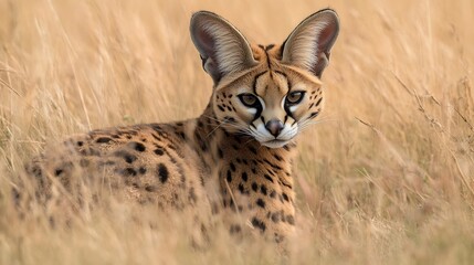 Obraz premium Sleek Serval prowling through the tall African grass its large ears twitching sharp eyes focused as it prepares to pounce on its prey