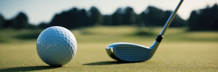 Golf Ball and Club on Green Course.  Perfecting Golfing Techniques for Success