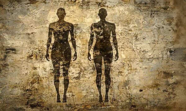 Figures Silhouetted on Textured Wall. Form Study Against Rough, Aged Surface