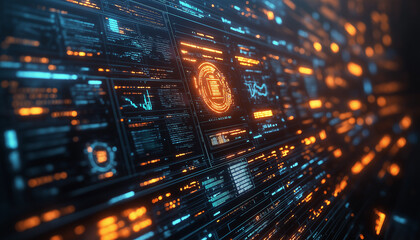  Futuristic high tech interface in digital display panel with glowing  blue and orange neon lights. 