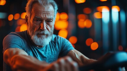 Obraz premium Senior man exercising in a modern gym with vibrant lighting and strong focus on fitness