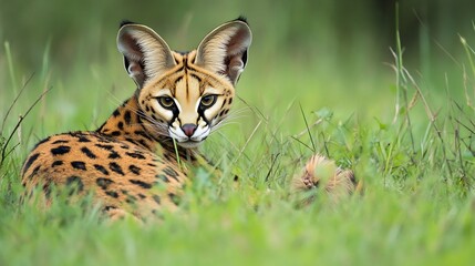 Obraz premium Sleek Serval prowling through the tall African grass its large ears twitching sharp eyes focused as it prepares to pounce on its prey